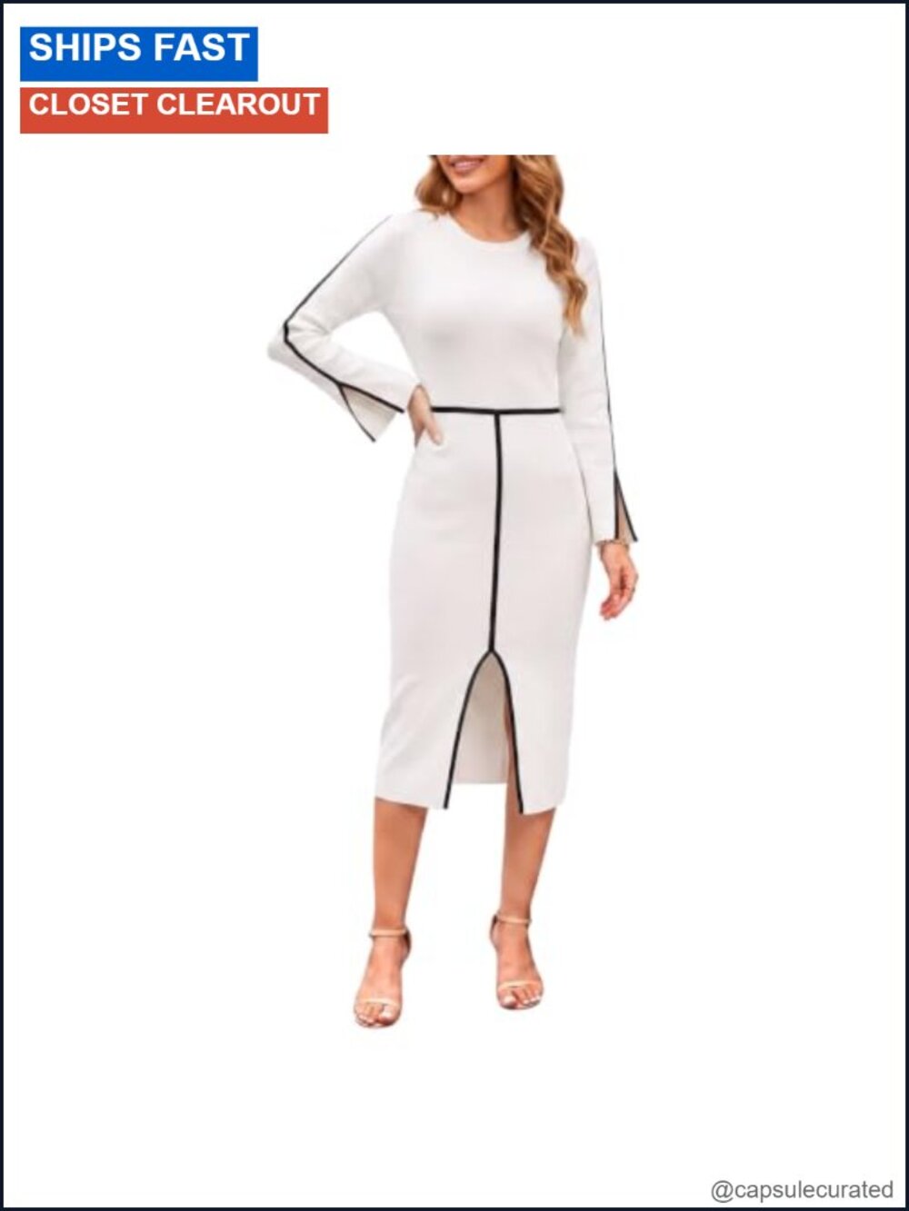 LEO'S VASE Ribbed Knit Long Sleeve Casual Dress with Slit for Women
